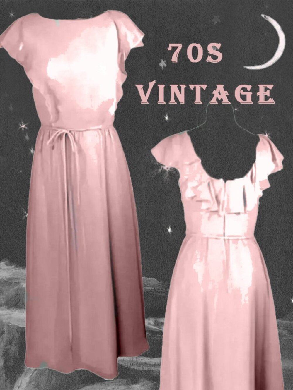 Pink Chiffon Formal Pinafore Gown Modest Low Back Retro Prom 70s Vintage